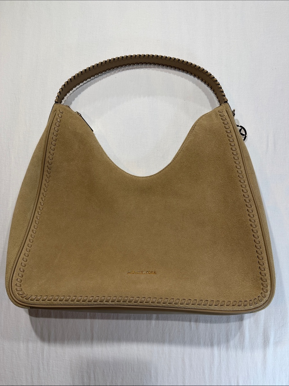 Michael Kors camel Suede Whipstitch Hobo Shoulder Bag Handbag Gold Logo tags